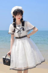 White [Seaside Sweetheart] Chiffon Navy Collar Short Sleeves Ruffled Lace-Up Slim Sailor Sweet Lolita Dress - Product - 10