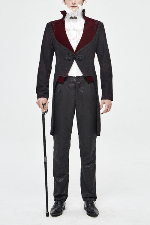 Black And Red Retro Embroidered Mens Gothic Coat - Black/Red - 1