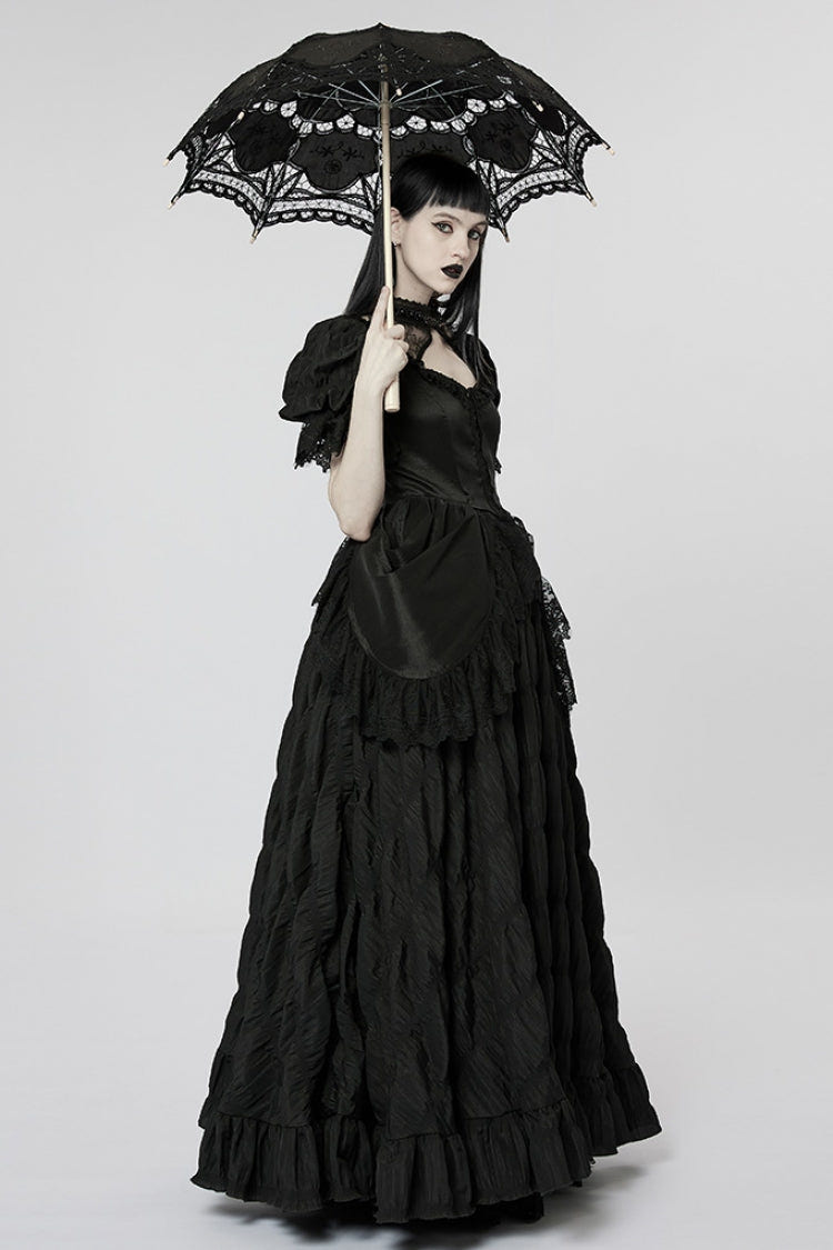 Black Short Puff Sleeves Ruffle Hanayome Stitching Lace Women's Gothic Dress - Product - 2