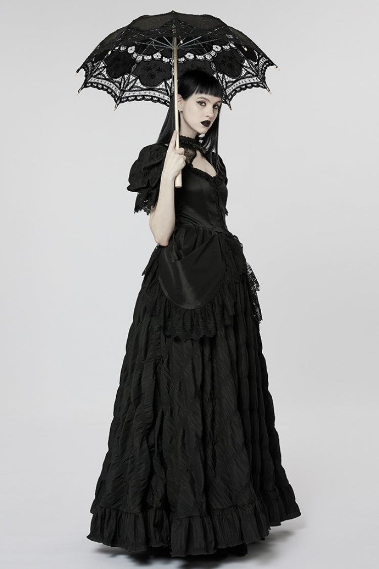 Black Short Puff Sleeves Ruffle Hanayome Stitching Lace Women's Gothic Dress - Product - 2