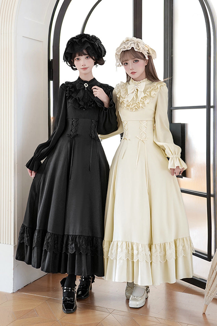[Letters & Poems · Day and Night] スタンドカラー 長袖 フリル リボン レースアップ ゴシックロリータ ワンピース 2色 商品画像