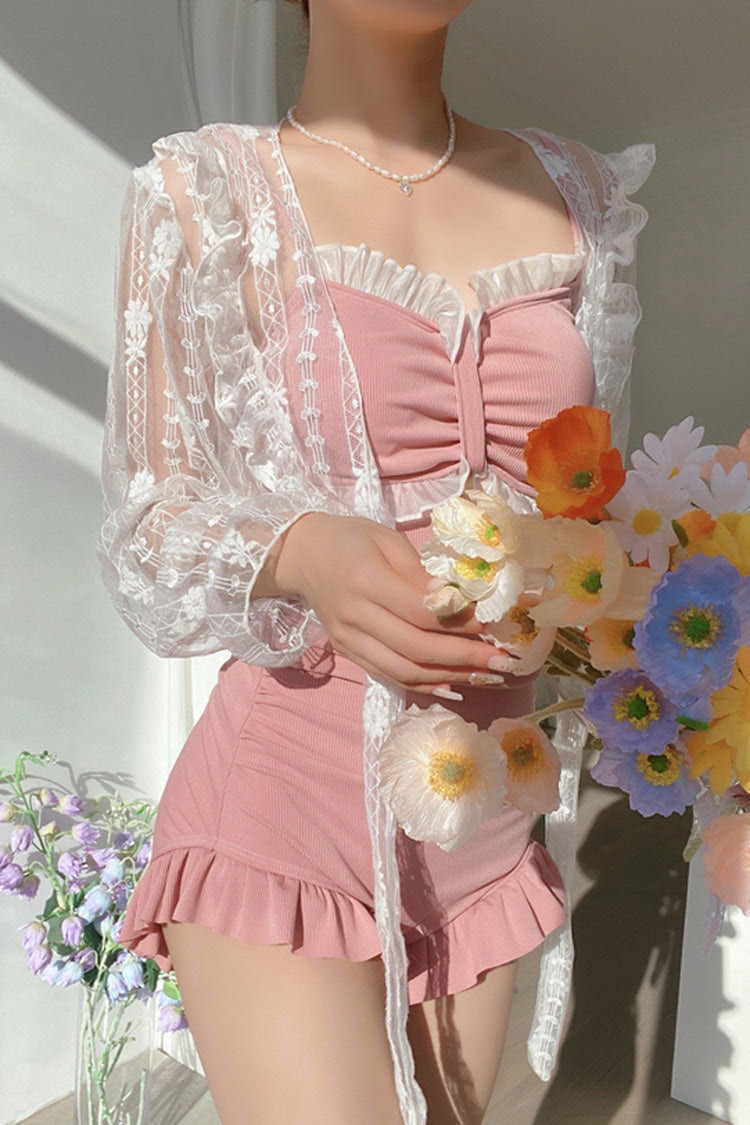 Pink Sleeveless Ruffle Cute Sweet Lolita Strapless One Piece Swimsuit - Product - 5