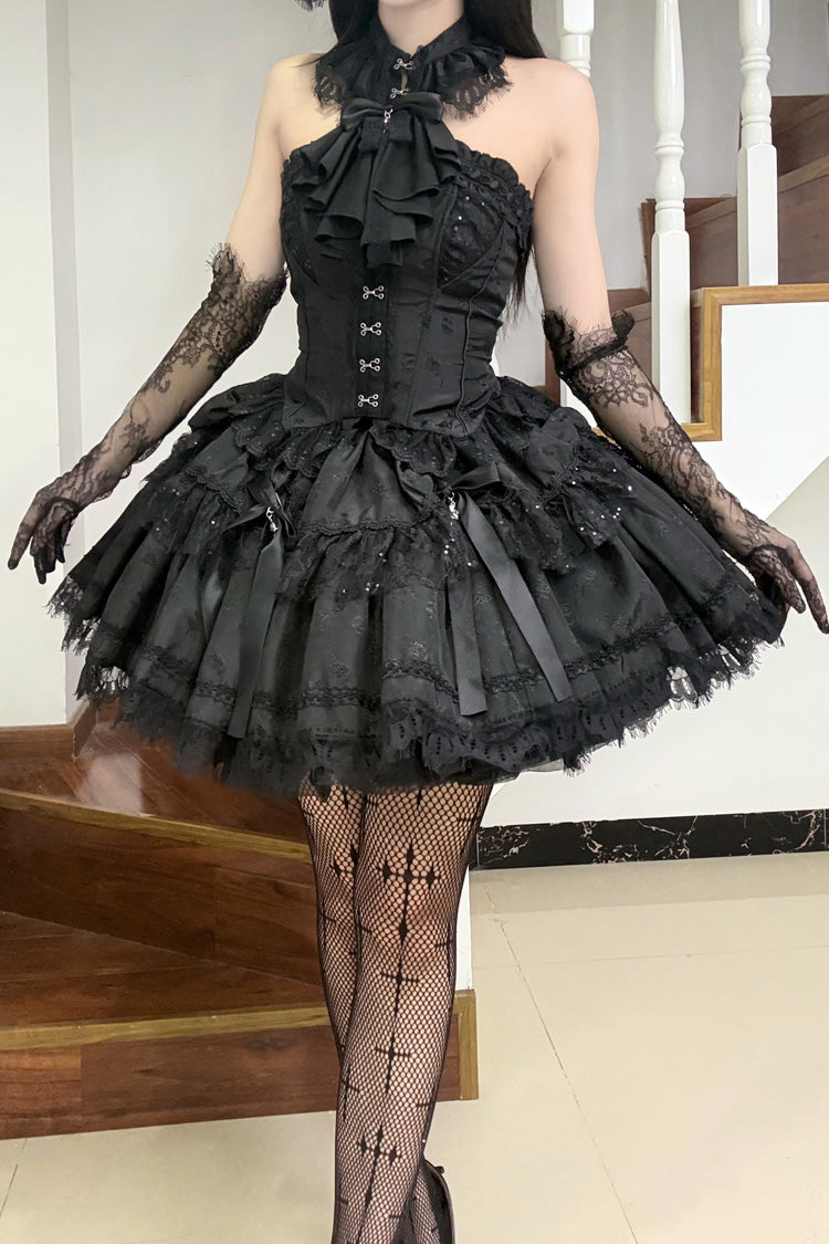 Black [Silver Moon Thorn] Off Shoulder Sleeveless Jacquard Ruffled Bow Patchwork Lace Gothic Lolita Skirt Two-piece Set - Product - 7