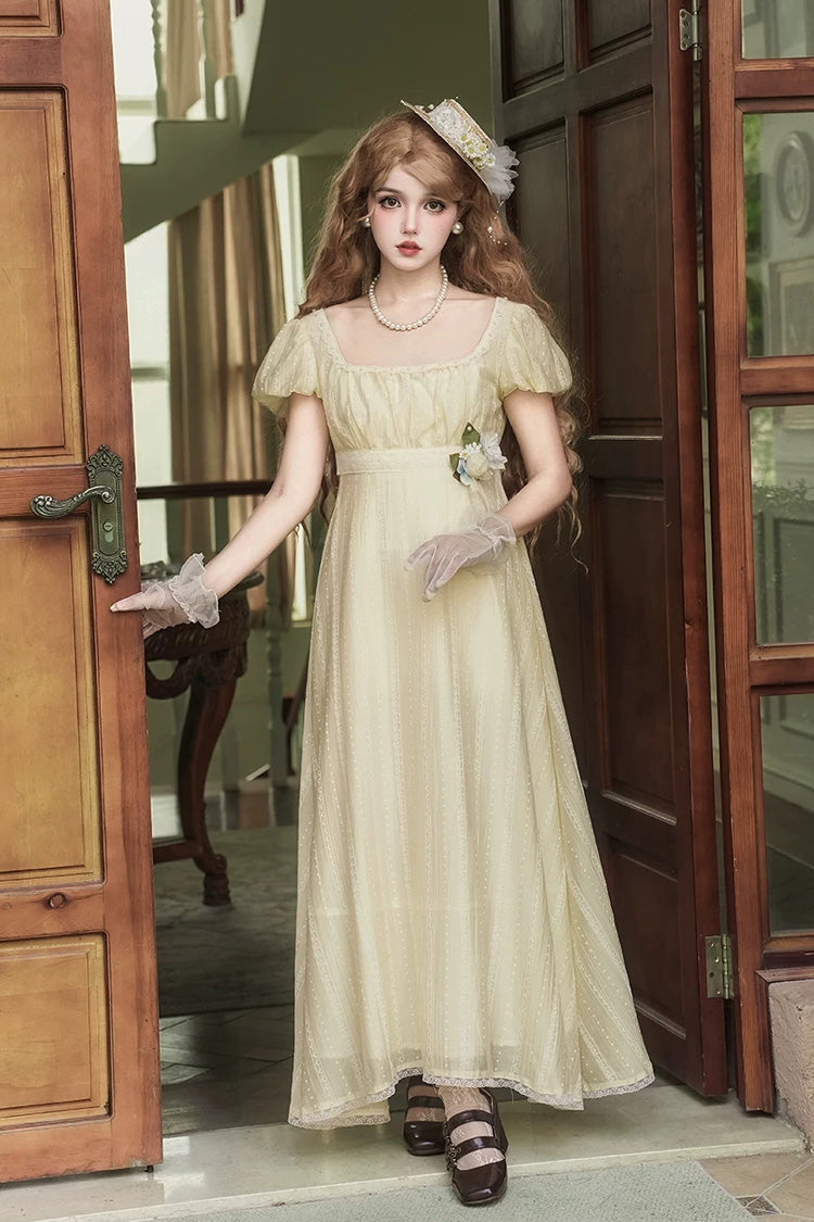 Yellow Square Collar Short Sleeves Jacquard Ruffled Lace Sweet Elegant Lolita Dress - Product - 3