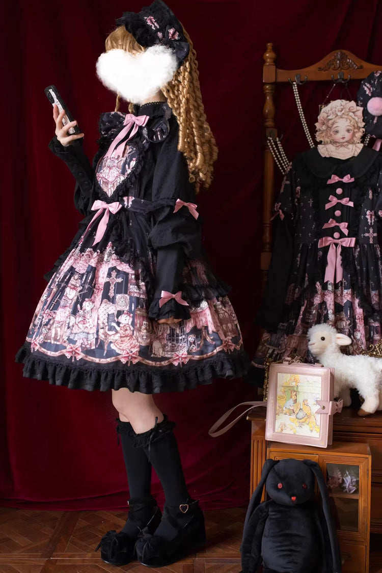 Black [The Case of the Missing Lamb] Print Ruffle Bowknot Lace Gothic Lolita SK Skirt - Product - 12