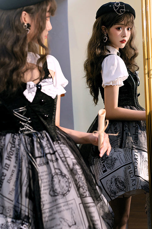 Black Fake Two Pieces Vintage Printed Irregular Hem Classic Lolita Dress - Product - 3