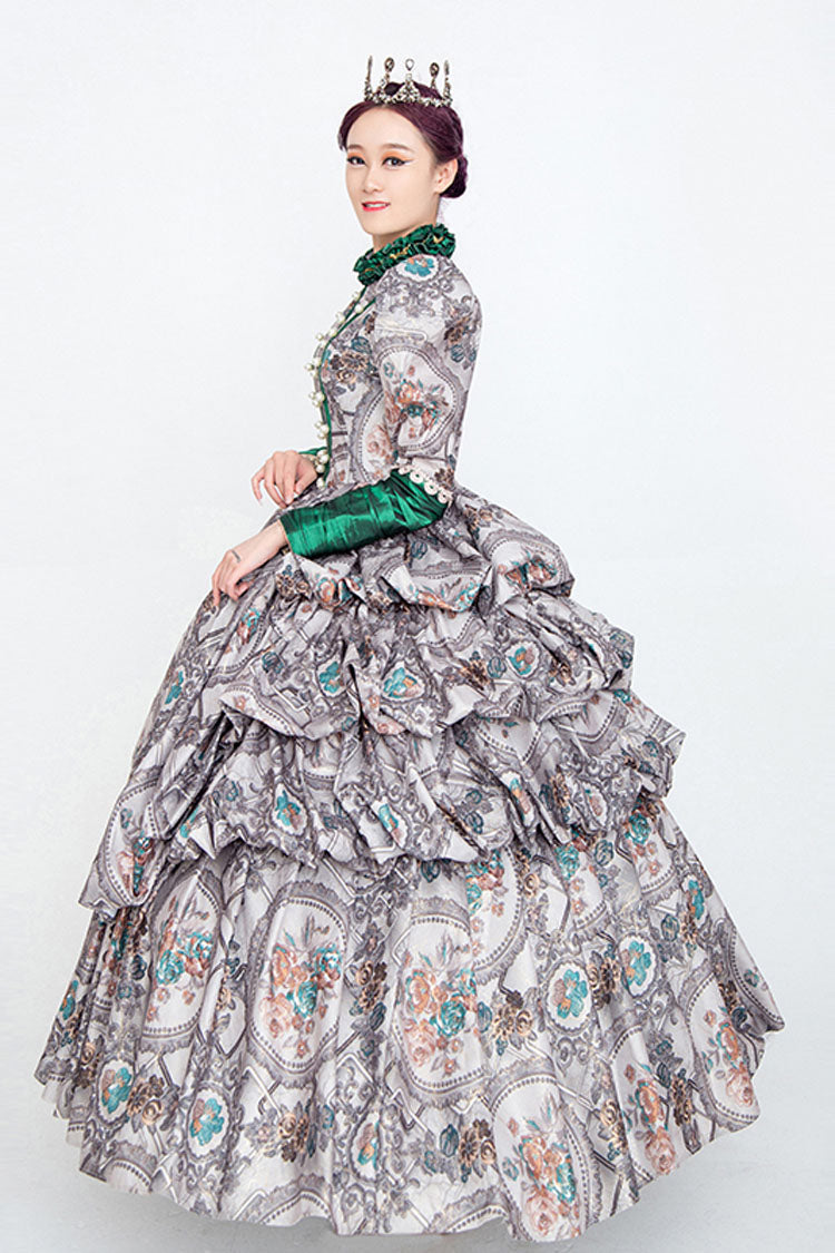 Gray Long Sleeves High Collar Embroidery Floral Print Wave Fold Victorian Lolita Prom Dress - Product - 3