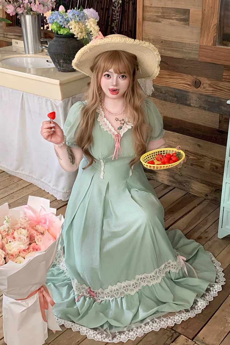 Green V Collar Short Sleeves Ruffled Lace Sweet Plus Size Lolita Dress - Product - 4
