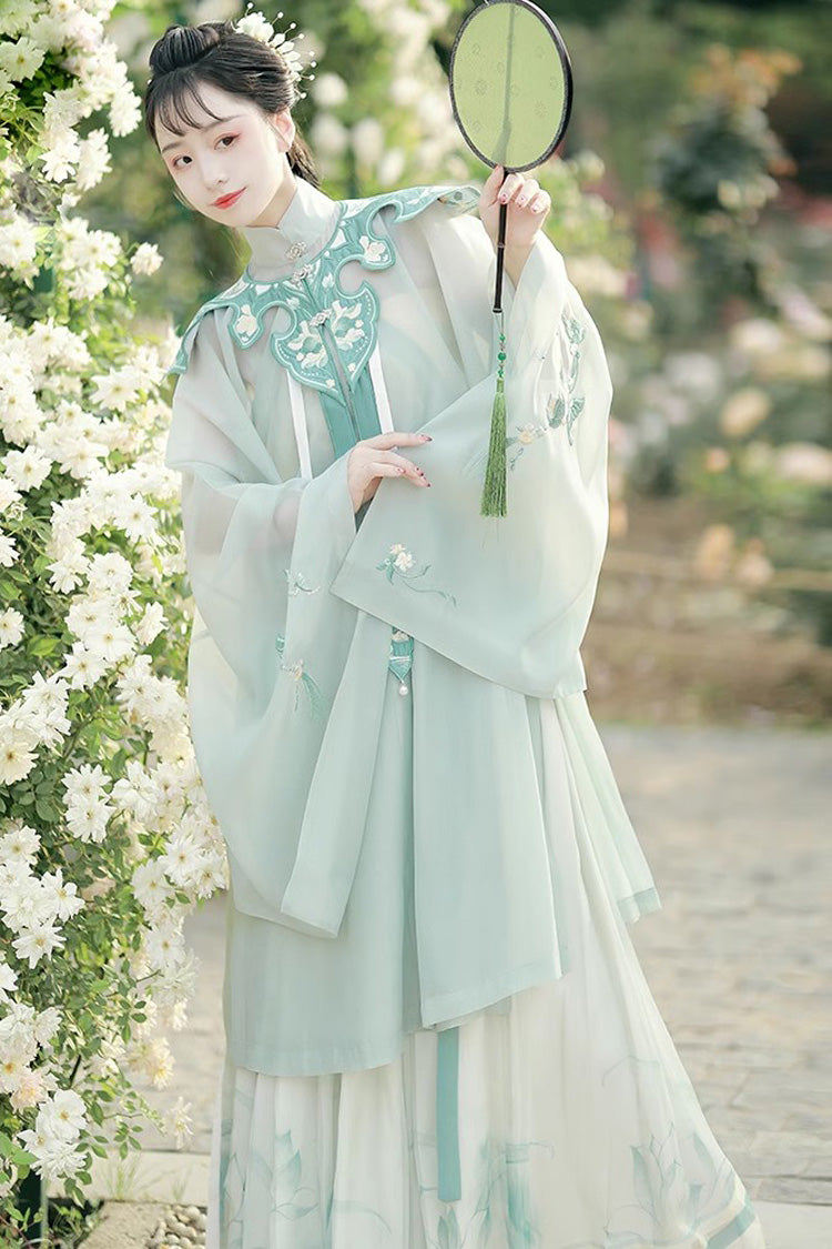 Green Stand Collar Embroidery Classic Hanfu Full Set - Product - 4