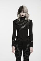Black High Collar Long Sleeves Cut-Out Patchwork Slim Fit Asymmetric Buckled Women's Punk Cool Top - Product - 9