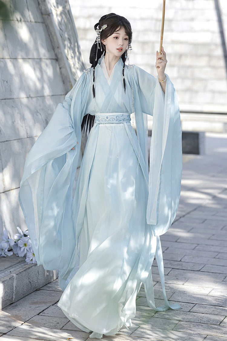 [Spring Harmony] Long Trumpet Sleeves Embroidered Chinese Inspired Hanfu Dress Set 2 Colors - Product - 6