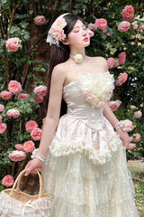 Pink Flower Goddess of Love Ruffle Bowknot Lace Sweet Elegant Lolita Maxi Skirt Dress Set - Product - 4