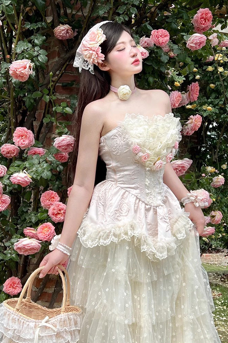 Pink Flower Goddess of Love Ruffle Bowknot Lace Sweet Elegant Lolita Maxi Skirt Dress Set - Product - 4