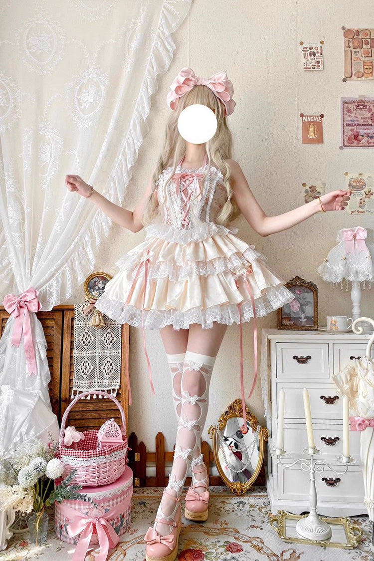 Ballet Style Fishbone Lace Multi-layer Ruffle Bowknot Sweet Lolita Jsk Skirt Set 2 Colors - Pink - 3