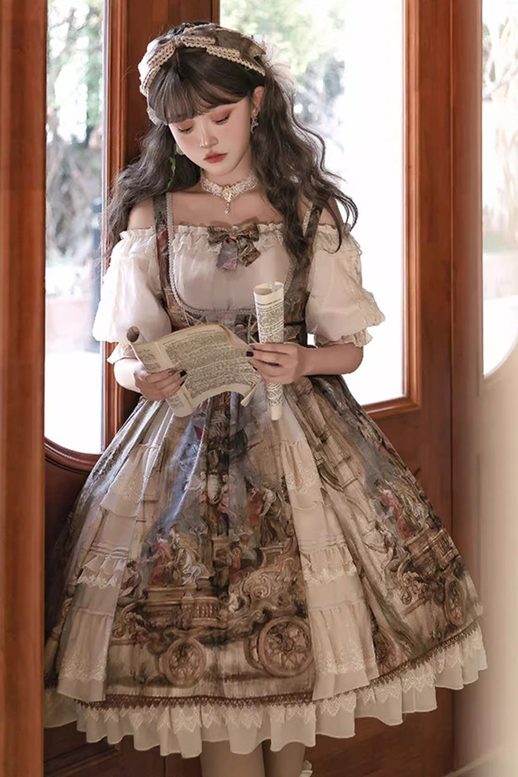 Brown [Cloria] Oil Painting Print Bowknot Lace Sweet Elegant Palace Lolita Jsk Dress - Product - 11