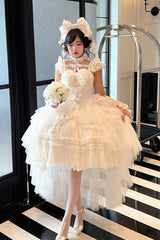 White [Jewelry Love Story] Halterneck Ruffle Hanayome Bowknot Lace Gothic Lolita Dress - White - 1