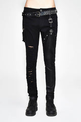 Black Asymmetric Broken Hole Glued Suede Rivet Men's Punk Pants - Black - 1