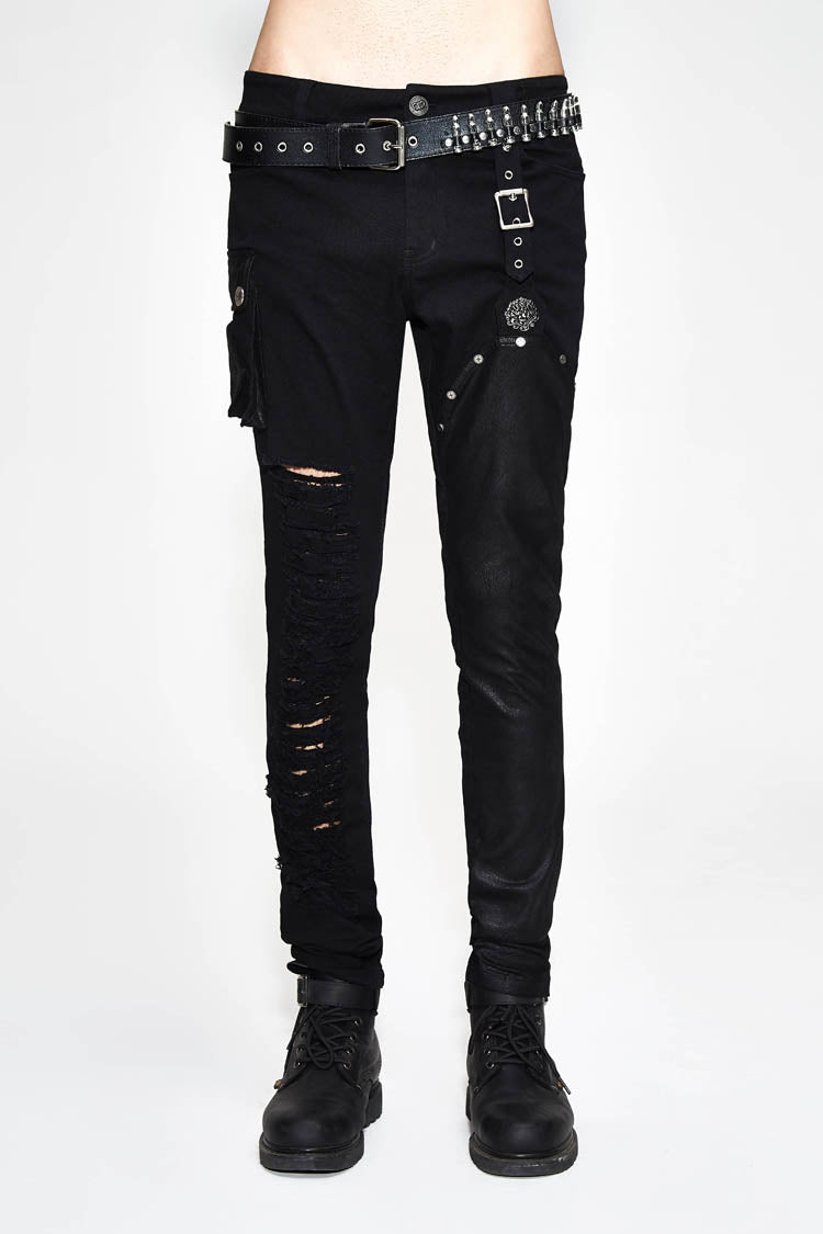 Black Asymmetric Broken Hole Glued Suede Rivet Men's Punk Pants - Black - 1
