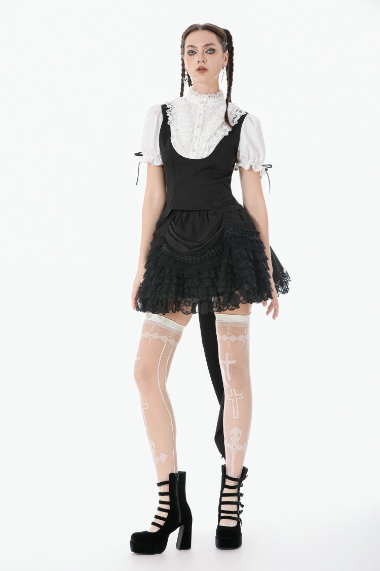 Black/White Short Puff Sleeves Lace Ruffled Stand Collar Women's Gothic Royal Blouse - Product - 7