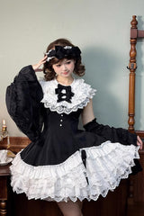 Black/White [Miss Tsundere] Sleeveless Multi-Layered Ruffle Bowknot Lace Asymmetric Sweet Princess Lolita Dress - Product - 8