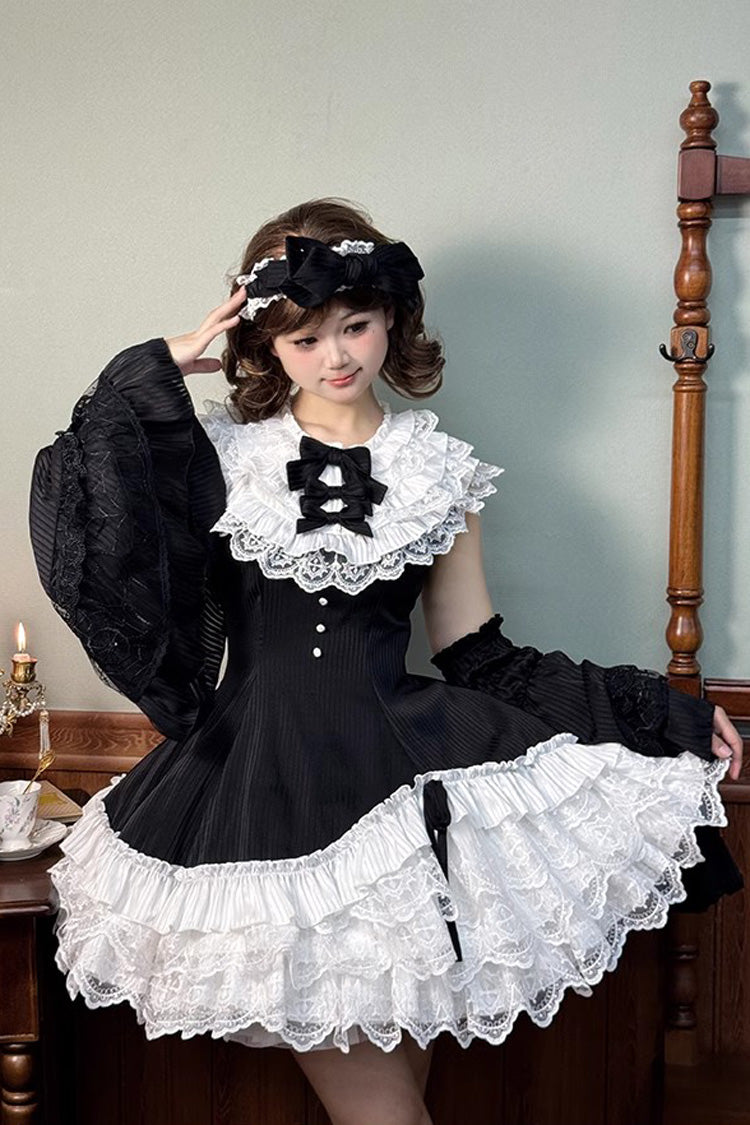 Black/White [Miss Tsundere] Sleeveless Multi-Layered Ruffle Bowknot Lace Asymmetric Sweet Princess Lolita Dress - Product - 8