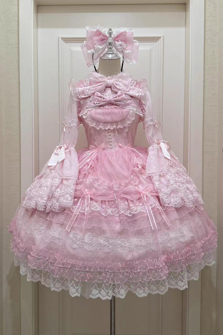 Pink [Sugar Heart Knot] Multi-Layered Ruffled Bow Lace Sweet Lolita Jsk Dress - Pink - 1