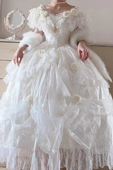 White Tana Manor Rose Flower Long Sleeves Ruffle Bowknot Elegant Sweet Princess Lolita Strapless Dress - White - 1