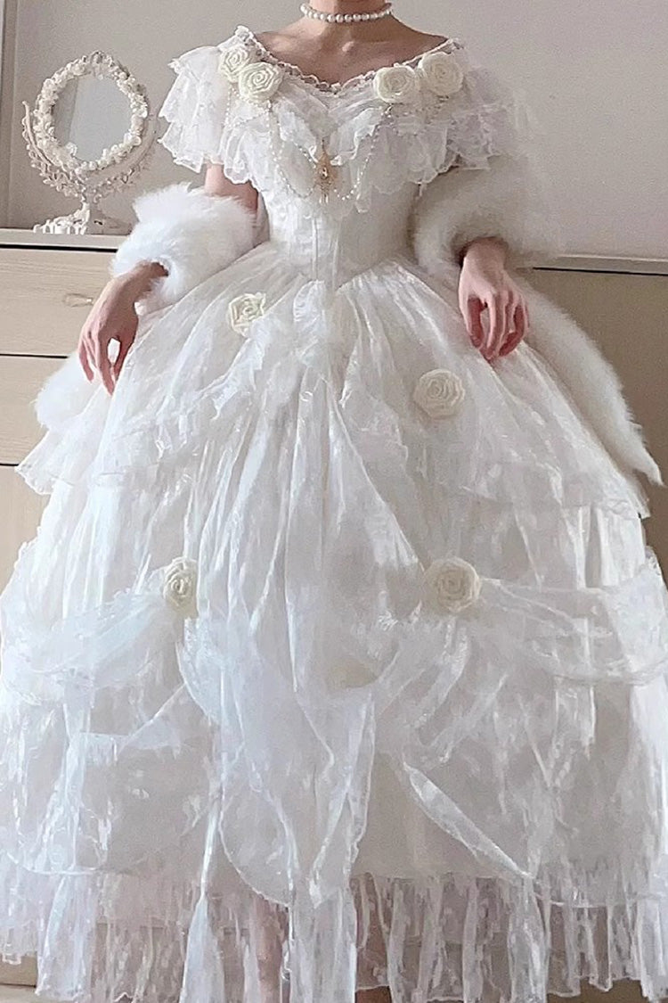 White Tana Manor Rose Flower Long Sleeves Ruffle Bowknot Elegant Sweet Princess Lolita Strapless Dress - White - 1