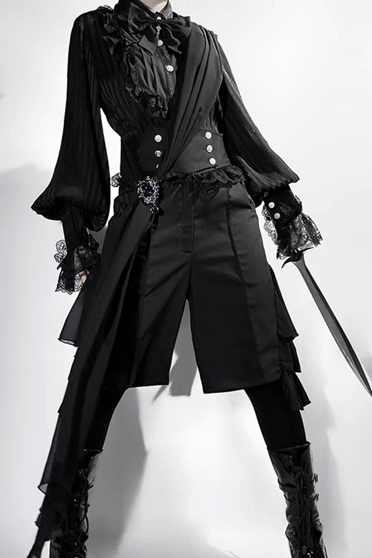 Black [Eternal City] Long Sleeves Lace Gothic Prince Medieval Ouji Lolita Blouse Knee-Length Shorts Set - Product - 10