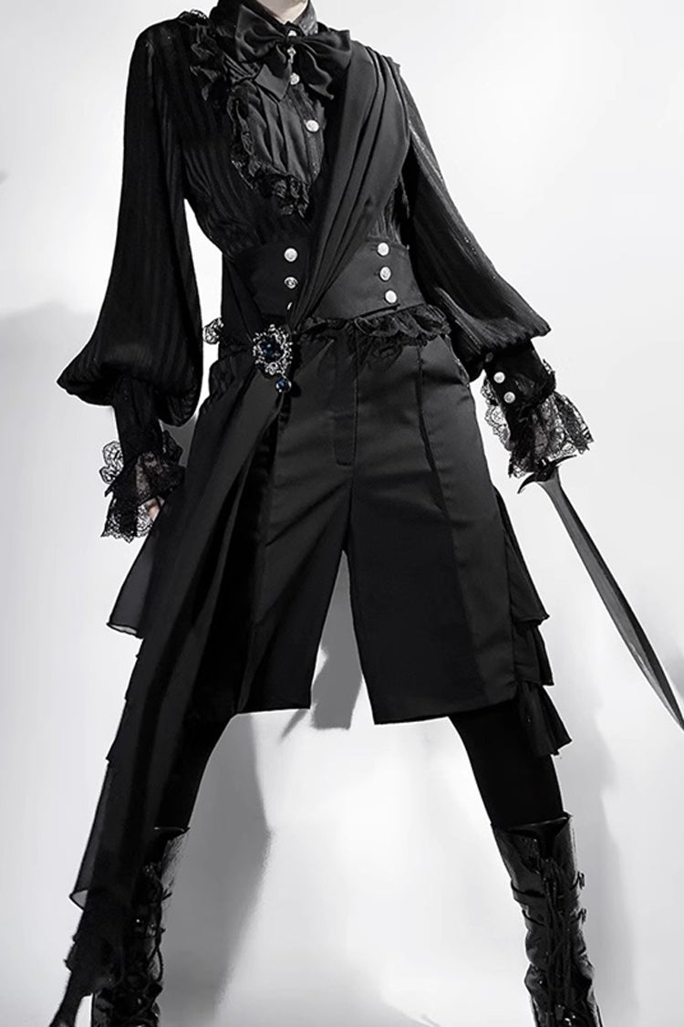 Black [Eternal City] Long Sleeves Lace Gothic Prince Medieval Ouji Lolita Blouse Knee-Length Shorts Set - Product - 10