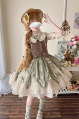 Green [The Wizard of Oz] Multi-Layered Print Ruffle Bowknot Sweet Lolita Dress Three Piece Set - Product - 6