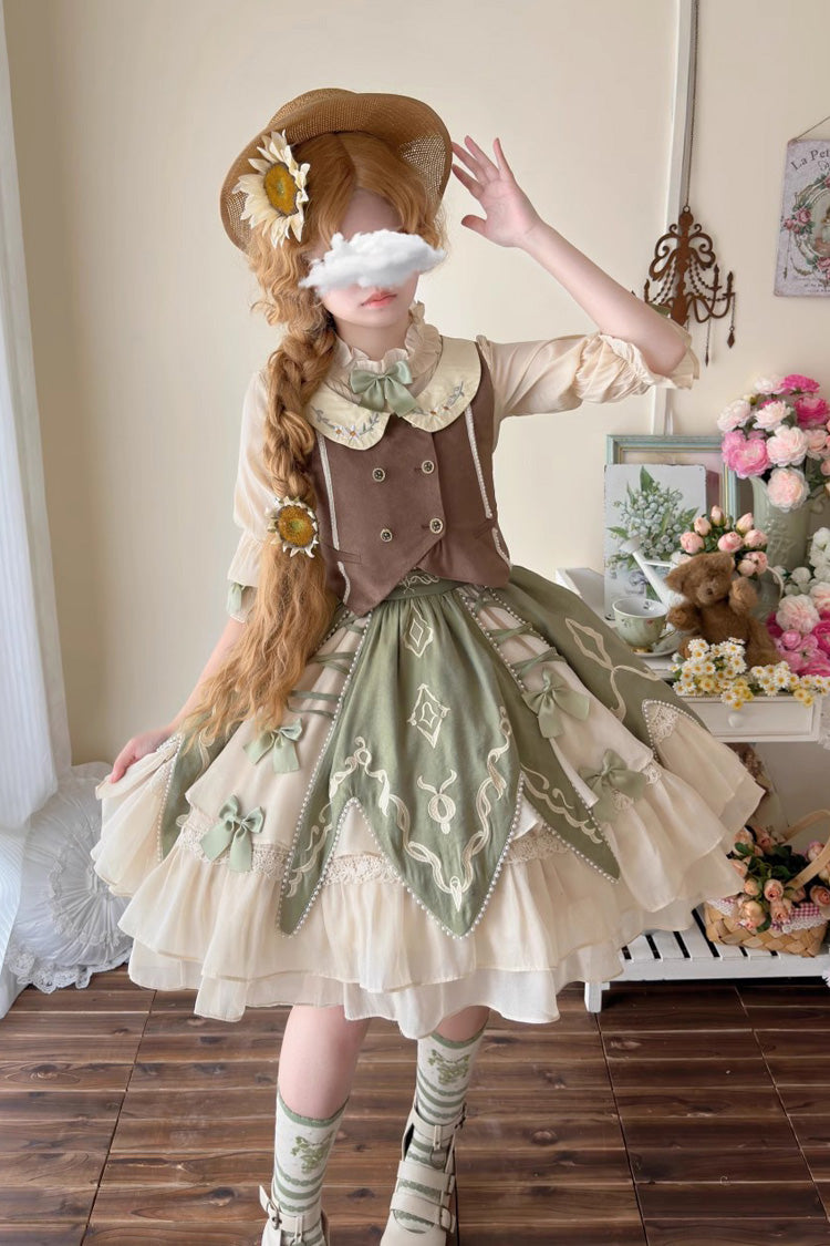 Green [The Wizard of Oz] Multi-Layered Print Ruffle Bowknot Sweet Lolita Dress Three Piece Set - Product - 6