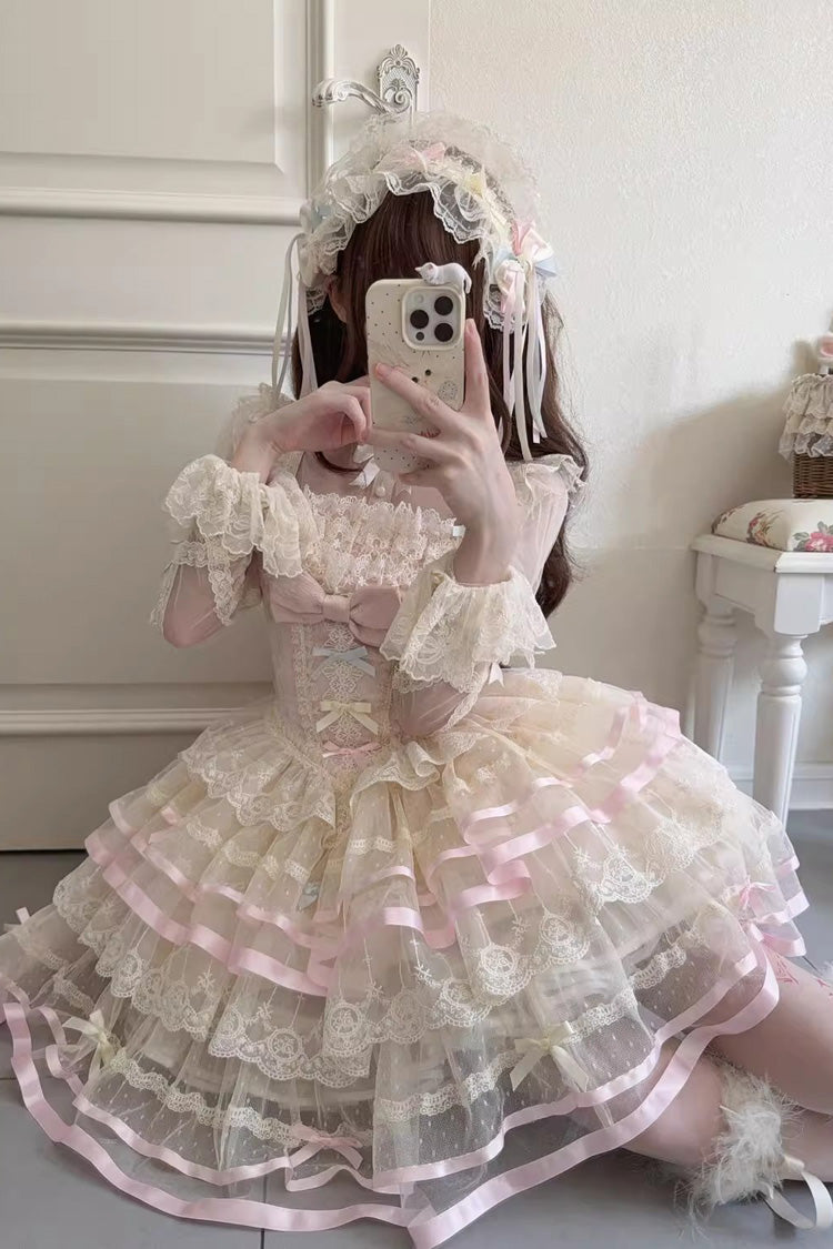 Pink [Butterfly Heart Ballet] Triple-Layered Ruffle Bowknot Lace Sweet Ballet Lolita Jsk Dress - Product - 6