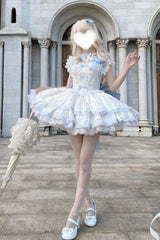 Blue [First Love Rose] Multi-Layered Print Ruffle Bowknot Lace Sweet Lolita Jsk Dress Set - Product - 8
