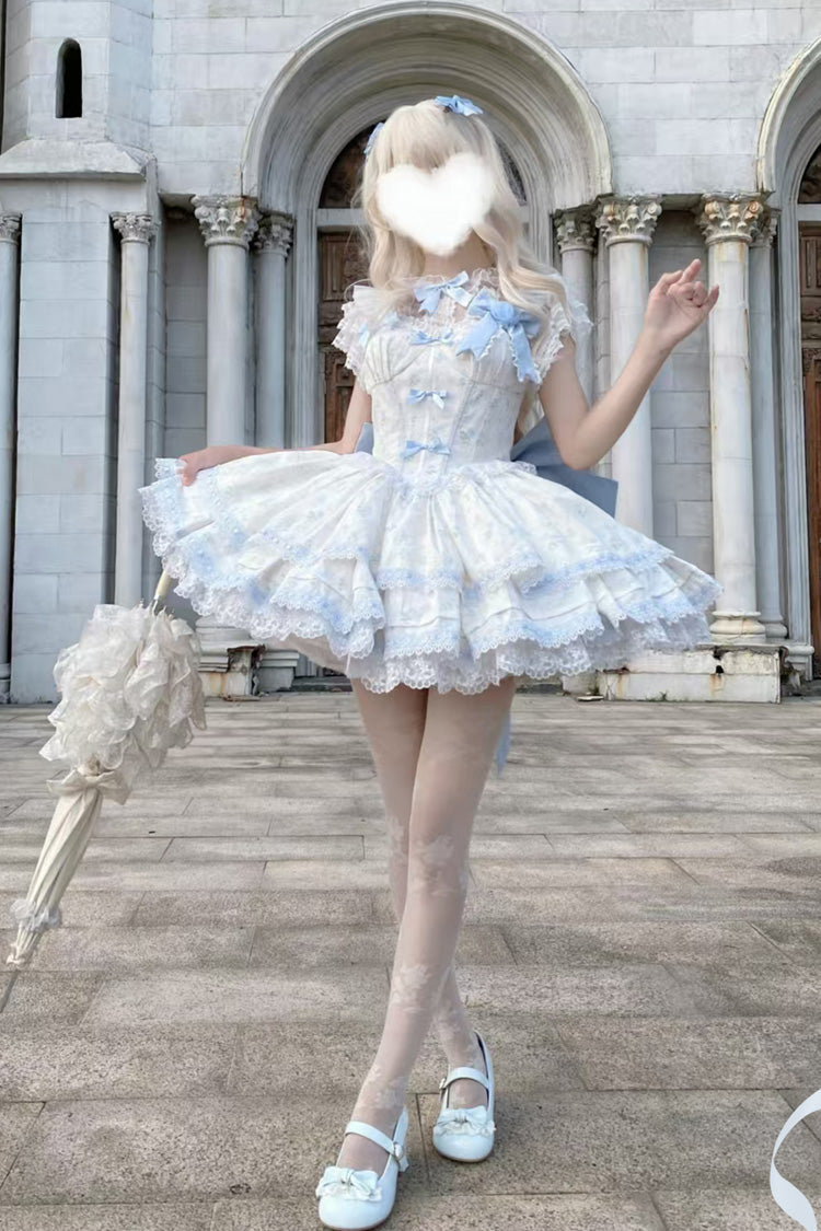 Blue [First Love Rose] Multi-Layered Print Ruffle Bowknot Lace Sweet Lolita Jsk Dress Set - Product - 8