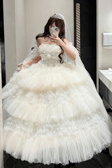 White [Maiden’s Love] Off Shoulder Triple-Layered Ruffled Hanayome Bow Lace Sweet Princess Lolita Dress - Product - 7
