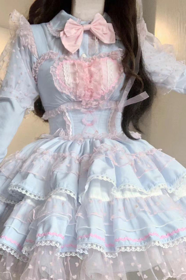 Pray for Dopamine Multi-layer Ruffle Lace Sweet Lolita Jsk Dress 5 Colors - Blue/Pink - 6