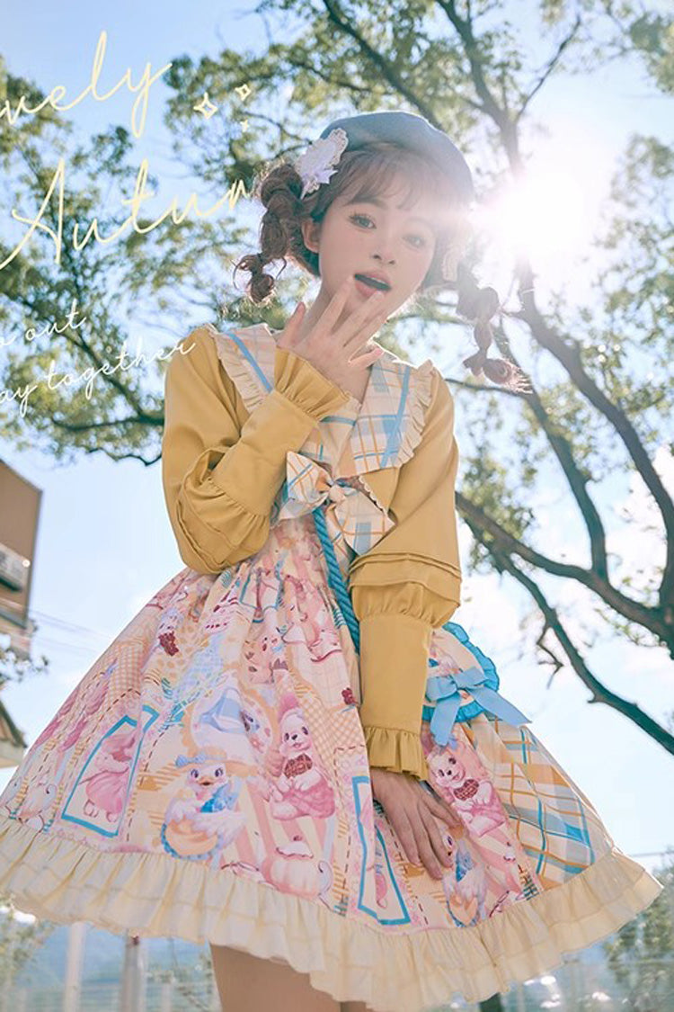 Yellow/Pink Cat Holiday Print Ruffle Bowknot Fake Two Pieces Sweet Lolita Dress - Product - 3