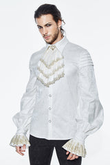 Beige Embroidered Ruffled Sleeves Jacquard Mens Gothic Blouse - Product - 2