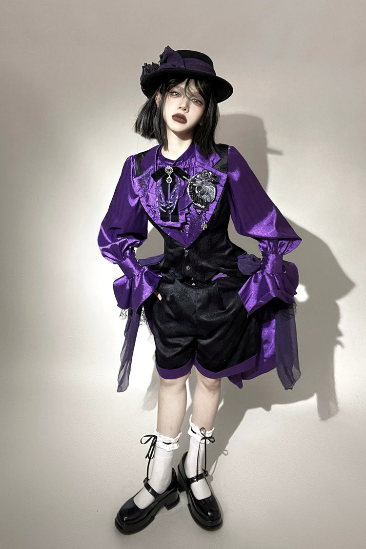 Black/Purple [Moonlit Return] Jacquard Printed Lace-Up Gothic Elegant Ouji Lolita (Blouse/Pants/Shorts/Vest) - Product - 2