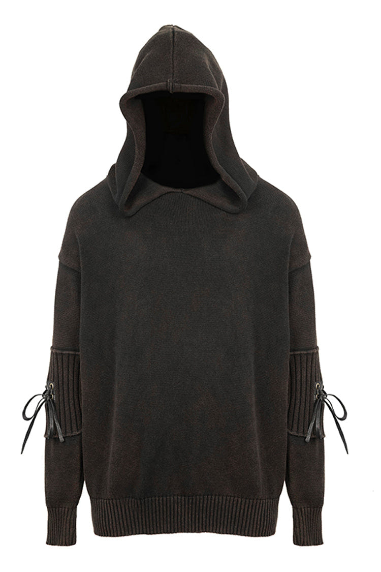 Brown Worn-Out Long Sleeve Elbow Leather Strip Lace-Up Hooded Coarse Knit Men's Punk Sweater - Product - 5