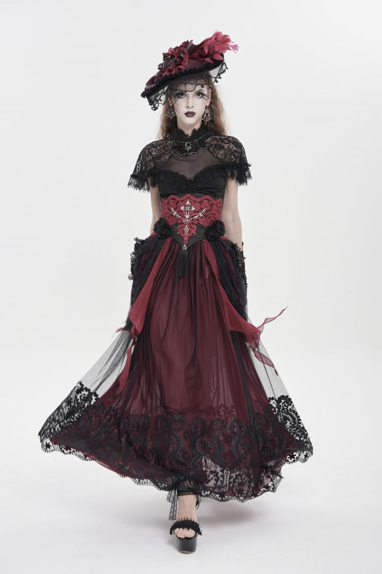 Black/Red Embroidered Lace Women's Gothic Underbust Corset Embroidered Rose Cross Underbust Corset - Product - 8
