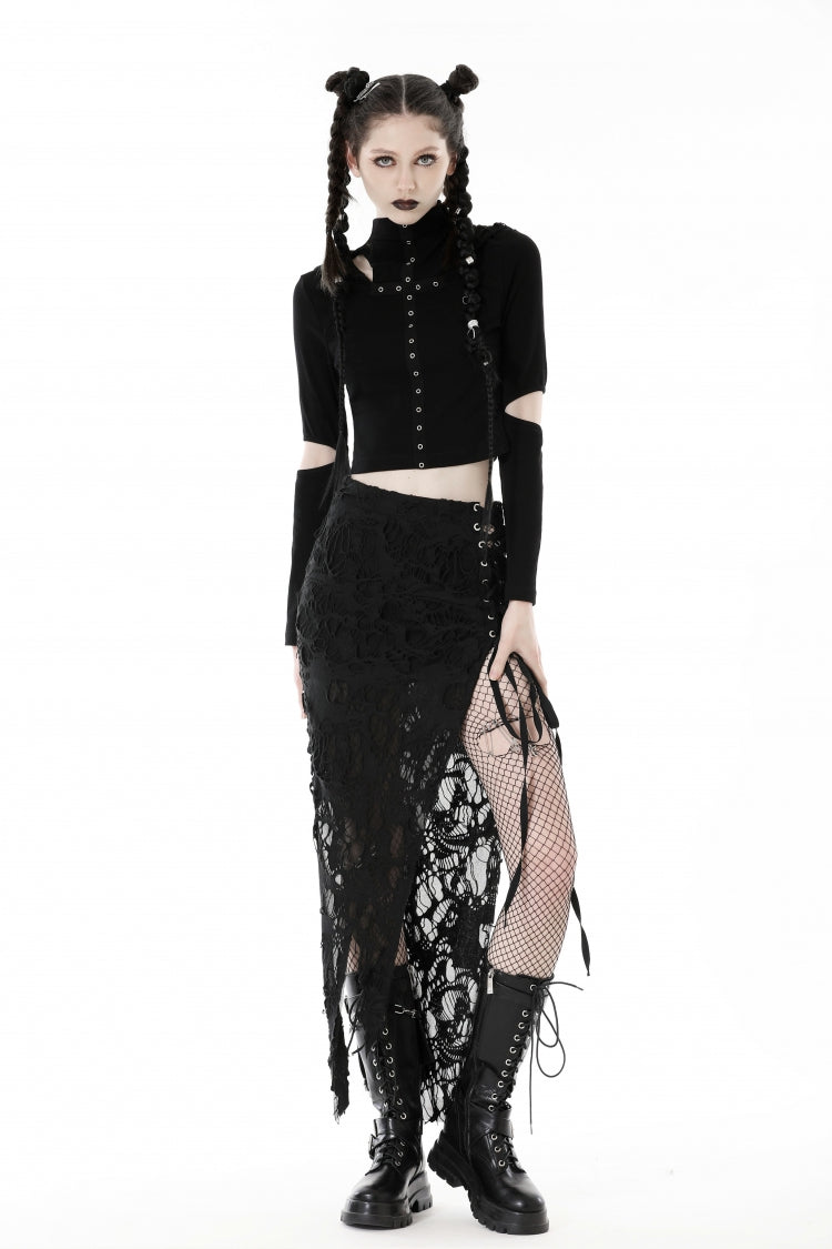 Black Lace-Up Ripped Women's Punk Split Long Skirt - Product - 10