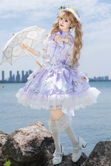 Purple [Wisteria Garden] Square Collar Triple-Layered Printed Ruffled Bow Lace Sweet Lolita Dress Set - Product - 7