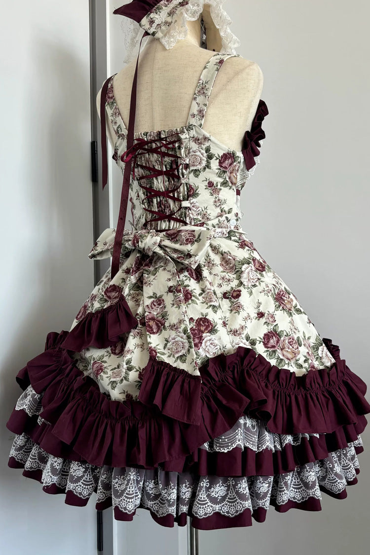 Burgundy Rose Flower Wall Printed Off Shoulder Sleeveless Ruffled Bow Lace Gothic Lolita Jsk Dress - Product - 8