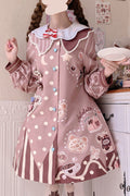 Pink Doll Lapel Collar Single Breasted Lantern Long Sleeves Bear Print Sweet (Dress Only) front view
