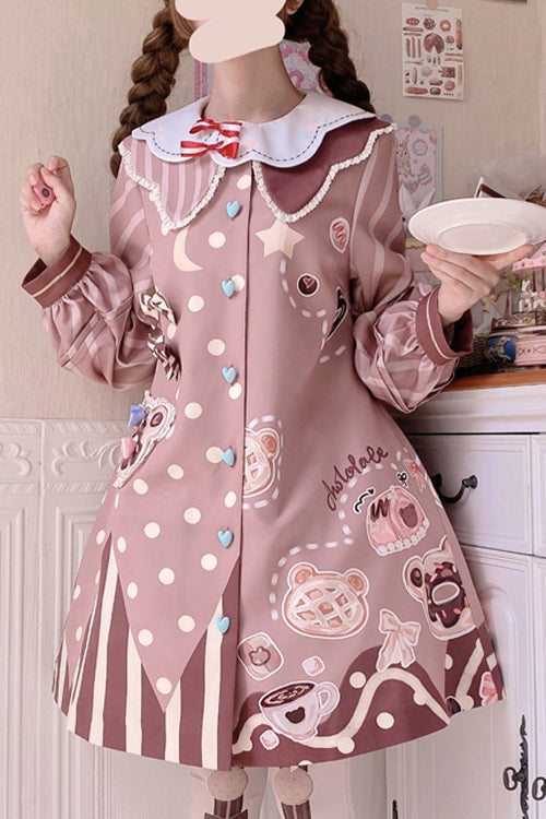 Pink Doll Lapel Collar Single Breasted Lantern Long Sleeves Bear Print Sweet (Dress Only) front view