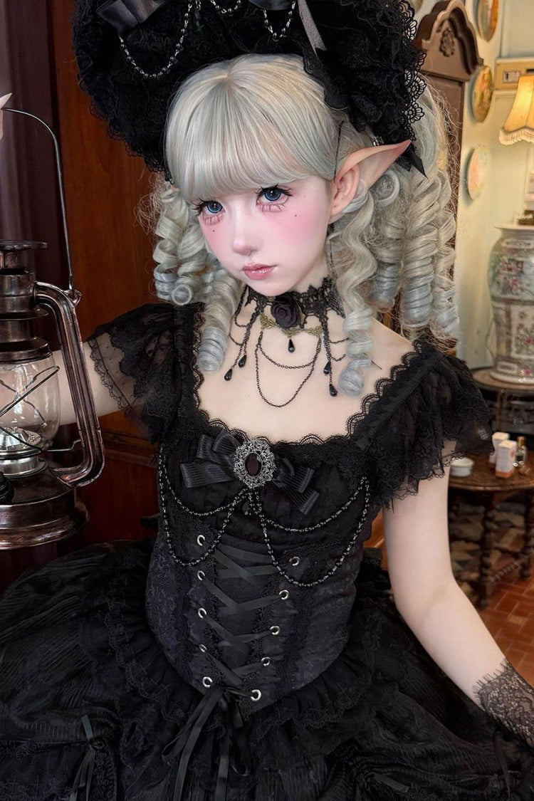 Black [Sacred Thorn Feather Relic] Square Collar Short Sleeves Printed Ruffled Open-Front Bow Lace Gothic Lolita Dress - Product - 7