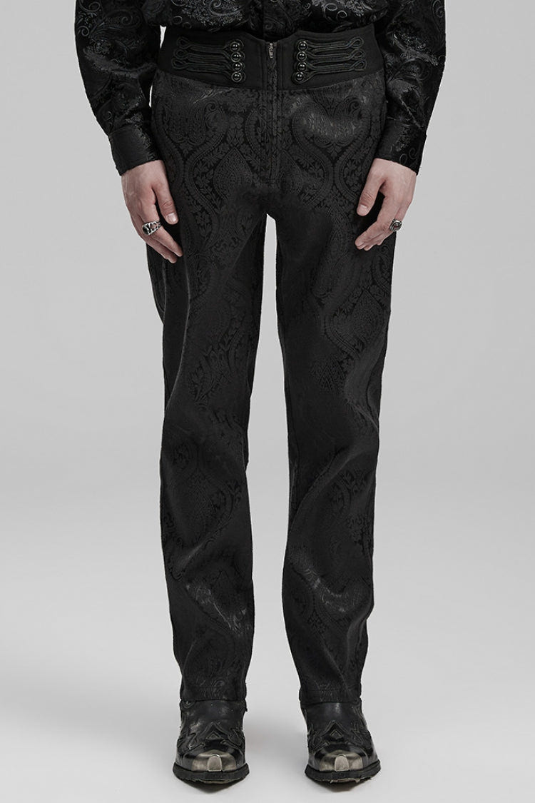 Black Jacquard Floral Print Decal Decoration Men's Gothic Pants - Black - 1