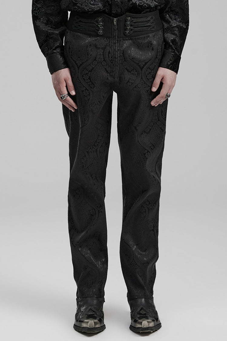 Black Jacquard Floral Print Decal Decoration Men's Gothic Pants - Black - 1